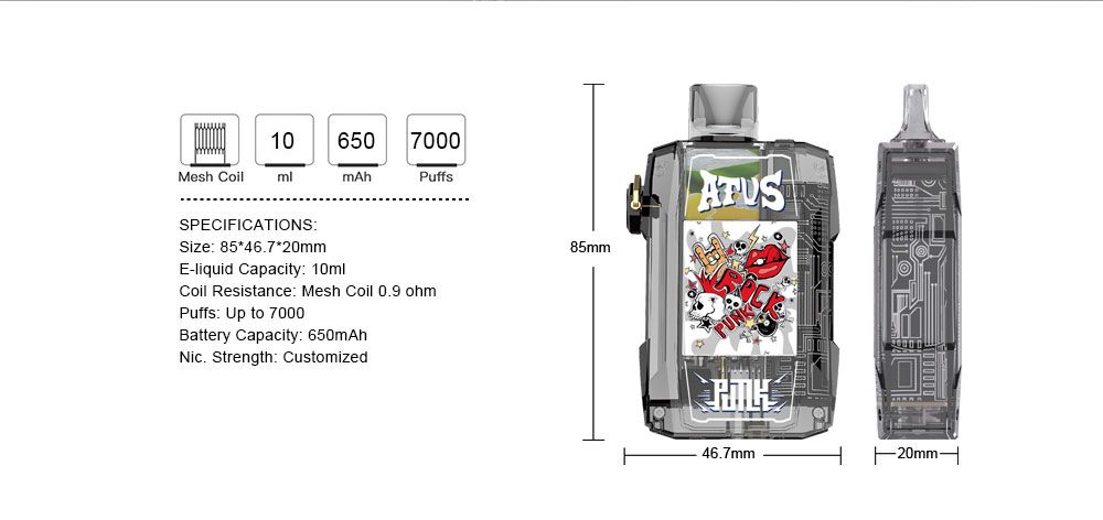 DE012 Wegwerp Vape 7000 Puffs met Luchtstroomregeling en oplaadbaar ATVS Vape